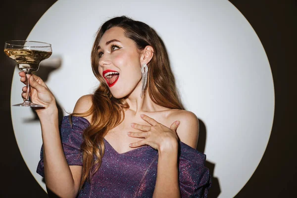 Beautiful Excited Young Glamorous Woman Wearing Cocktail Dress Accessories Posing — Stock Photo, Image