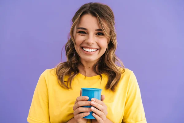 Happy Beautiful Nice Girl Smiling While Drinking Coffee Isolated Purple — Stock Photo, Image