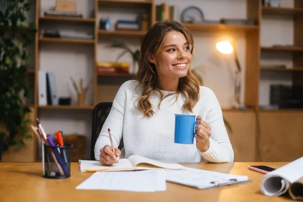 Vakker Ung Kvinne Entreprenør Som Jobber Med Dokumenter Mens Han – stockfoto