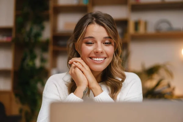 Beautiful Young Woman Manager Video Call Laptop Computer While Sitting — Stock Photo, Image