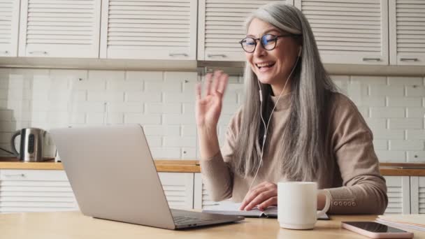 Smiling Elder Woman Talking Video Connection Using Her Laptop Sitting — Stock Video