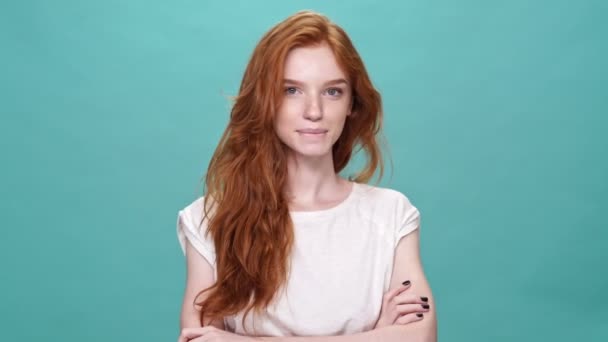 Pleased Shy Ginger Woman Shirt Posing Crossed Arms Looking Camera — Stock Video
