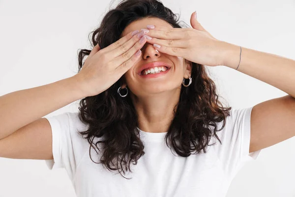 Happy Beautiful Brunette Girl Smiling Covering His Eyes Isolated White — Stock Photo, Image
