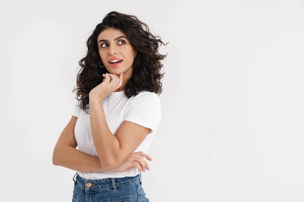 Agradável Bela Morena Menina Sorrindo Olhando Para Lado Isolado Sobre — Fotografia de Stock