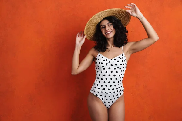 Joyful Beautiful Woman Swimsuit Smiling While Posing Camera Isolated Orange — Stock Photo, Image
