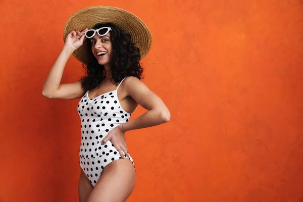 Excited Beautiful Woman Swimsuit Exclaiming Camera Isolated Orange Background — Stock Photo, Image
