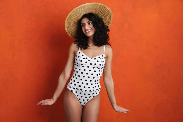 Joyful Beautiful Woman Swimsuit Smiling While Posing Camera Isolated Orange — Stock Photo, Image