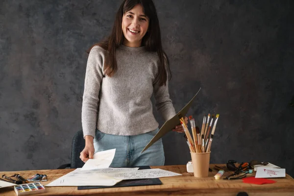 Smiling Beautiful Calligrapher Girl Working Sketches Table Indoors — Stock Photo, Image