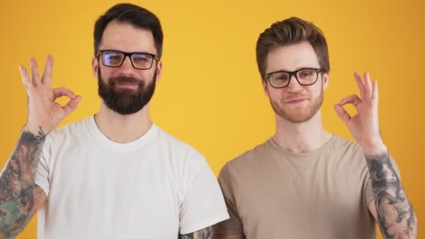 Δύο Χαμογελαστοί Τύποι Που Φοράνε Γυαλιά Δείχνουν Μια Ωραία Χειρονομία — Αρχείο Βίντεο