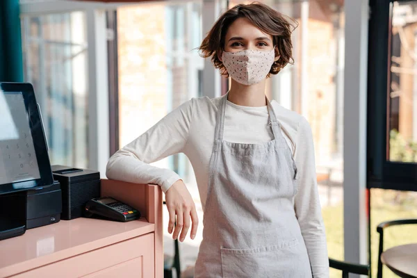 Happy Female Cafe Owner Wearing Protective Face Mask Reopening Coronavirus — Stock Photo, Image