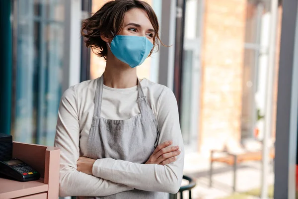 Happy Female Cafe Owner Wearing Protective Face Mask Reopening Coronavirus — Stock Photo, Image