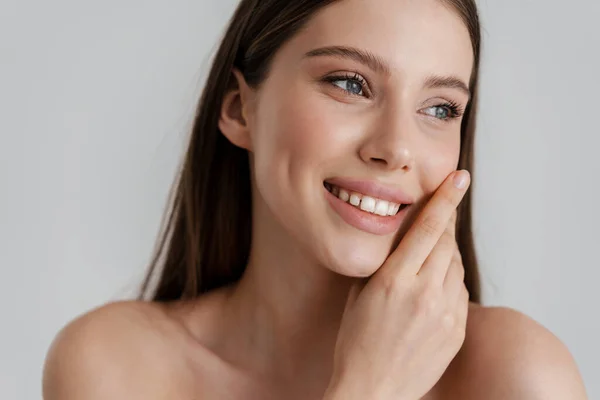 Feliz Chica Agradable Sin Camisa Sonriendo Mirando Lado Aislado Sobre — Foto de Stock