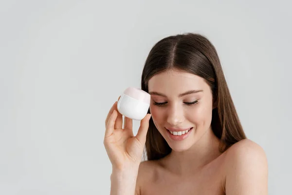 Happy Shirtless Nice Girl Smiling While Posing Facial Cream Isolated — Stock Photo, Image