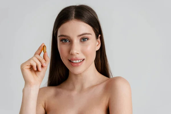 Happy Shirtless Nice Girl Smiling While Posing Vitamin Capsule Isolated — Stock Photo, Image