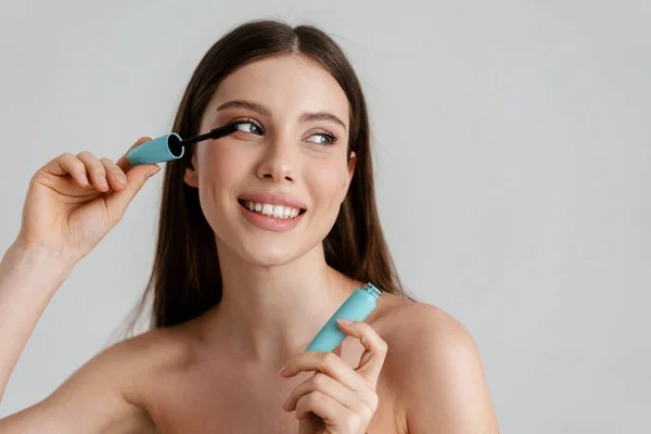 Happy Shirtless Nice Girl Smiling While Posing Mascara Isolated White — Stock Photo, Image