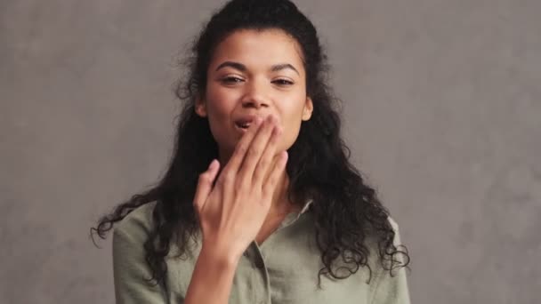 Positive African American Woman Sending Air Kiss Camera Standing Gray — 비디오