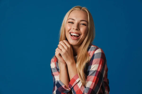Blonde Young Happy Woman Laughing Looking Camera Isolated Blue Background — Stock Photo, Image