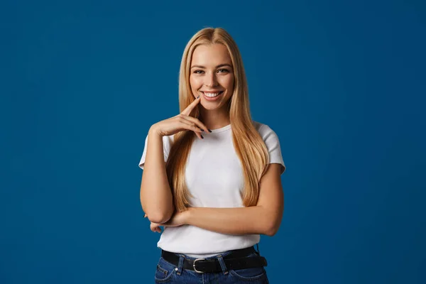 Blonde Young Happy Woman Smiling Looking Camera Isolated Blue Background — Stock Photo, Image