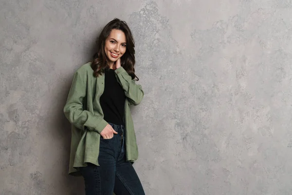 Happy Beautiful Brunette Girl Smiling Looking Camera Isolated Grey Wall — Stock Photo, Image