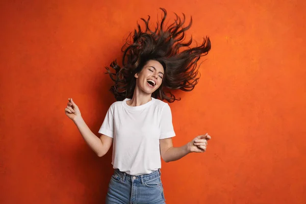 Excited Beautiful Girl Singing Dancing Camera Isolated Orange Wall — Stock Photo, Image