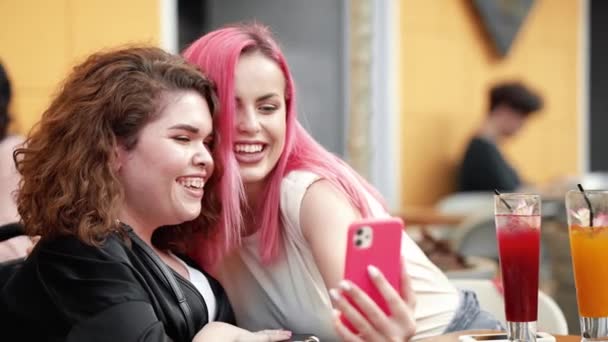 Smiling Disabled Woman Taking Selfie Photo Her Friend While Sitting — Stock Video