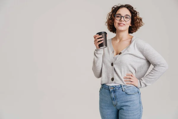 Smiling Attractive Young Woman Casual Wear Holding Takeaway Coffee Cup — Stock Photo, Image