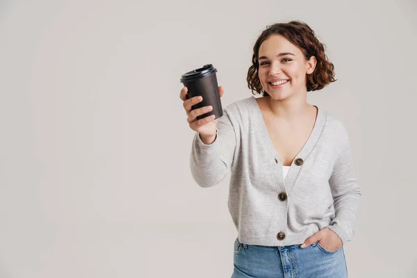 Smiling Attractive Young Woman Casual Wear Showing Takeaway Coffee Cup — Stock Photo, Image