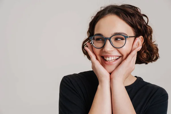 Happy Smiling Beautiful Young Woman Presenting Looking Copyspace Isolated White — Stock fotografie