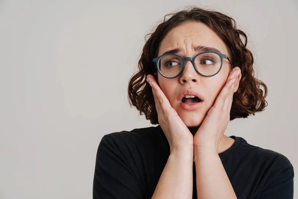 Shocked Young Woman Open Mouth Isolated Gray Background — Stockfoto