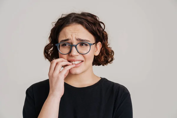 Scared Worried Young Girl Casual Clothes Holding Fingers Her Face — Φωτογραφία Αρχείου