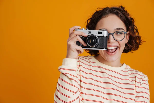 Cheerful Young Woman Taking Photos Camera Isolated Yellow Background — Foto Stock