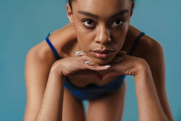 Close Portrait Young African Woman Swimsuit Standing Blue Wall — Stock Fotó