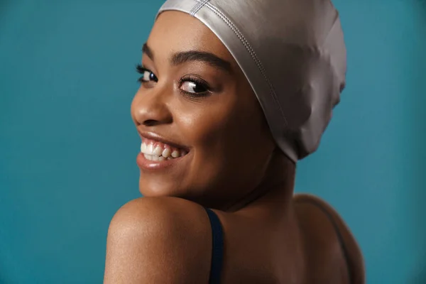 Young Black Swimmer Smiling Looking Camera Isolated Blue Wall — Stock Photo, Image