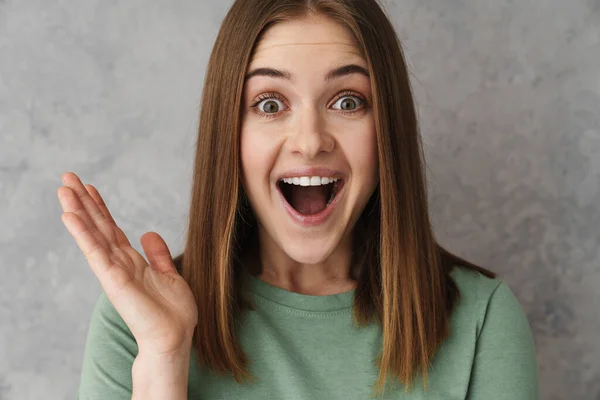 Excited Beautiful Nice Girl Expressing Surprise Camera Isolated Grey Wall — Stock Fotó