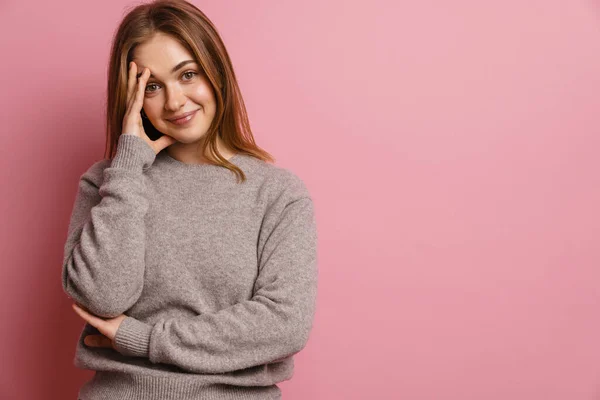 Young Ginger Happy Woman Smiling Looking Camera Isolated Pink Background — Stock Photo, Image