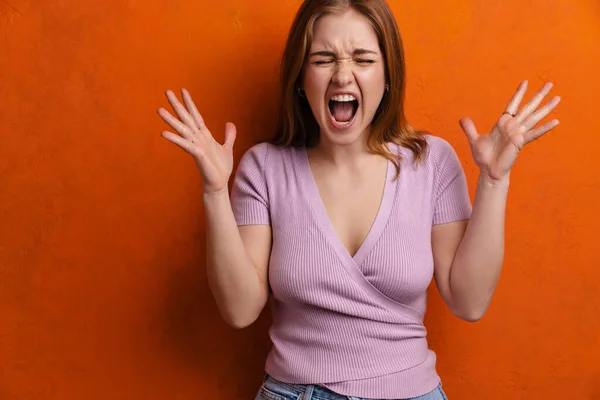 Young Ginger Angry Woman Screaming Hand Sup Camera Isolated Orange — 스톡 사진