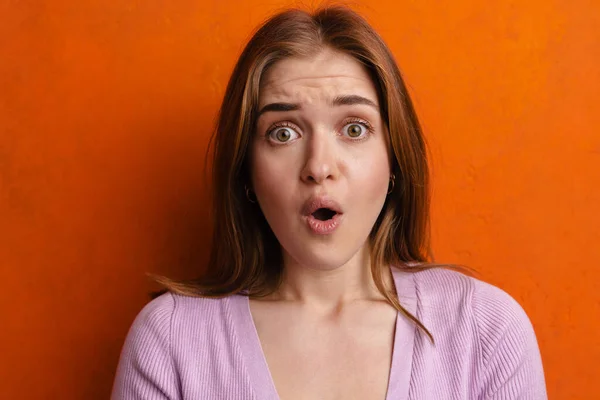 Young Ginger Shock Woman Expressing Surprise Camera Isolated Orange Wall — 스톡 사진