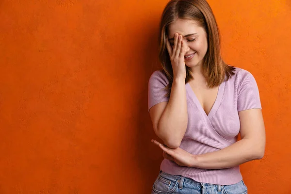 Portrait Smiling Lovely Young Girl Isolated Orange Background Laughing — 스톡 사진