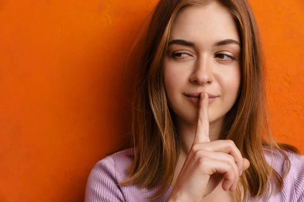 Close Lovel Young Girl Showing Silence Gesture Finger Lips Isolated — Stock Fotó