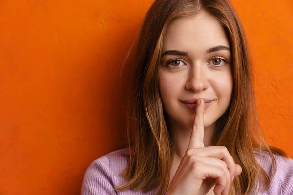 Close Lovel Young Girl Showing Silence Gesture Finger Lips Isolated — Stock Fotó