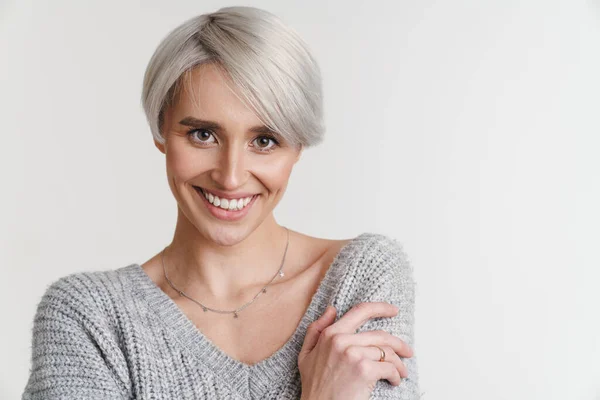 Happy Beautiful Silver Girl Smiling Looking Camera Isolated White Background — 스톡 사진