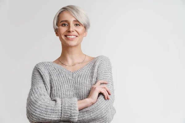 Happy Beautiful Silver Girl Smiling Looking Camera Isolated White Background — Stock Photo, Image