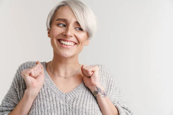 Young Grey Haired Woman Smiling Clinched Fists Isolated White Background — 스톡 사진