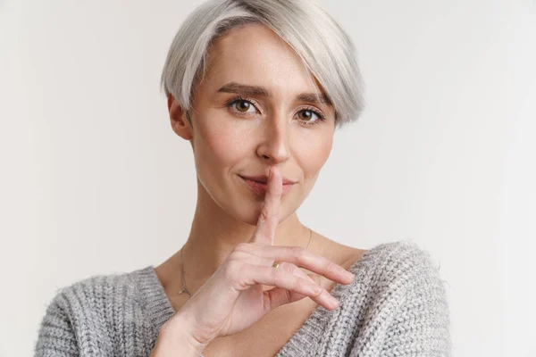 White Haired Young Woman Showing Silence Gesture Camera Isolated White — 스톡 사진