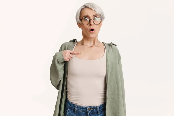 Young Shocked Woman Eyeglasses Pointing Finger Herself Isolated White Background — 스톡 사진