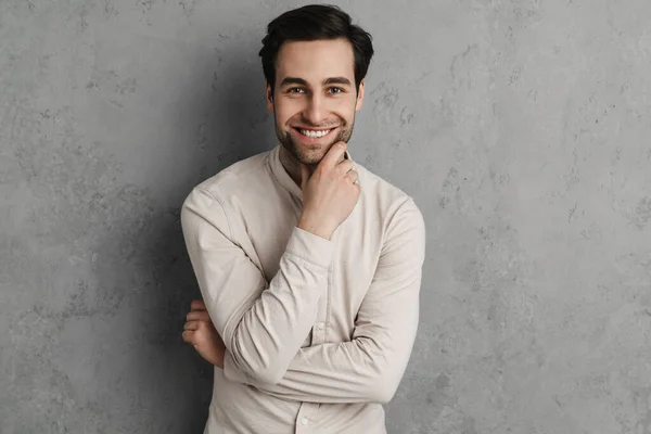 Joyful Handsome Guy Smiling Looking Camera Isolated Grey Wall — Stock Fotó