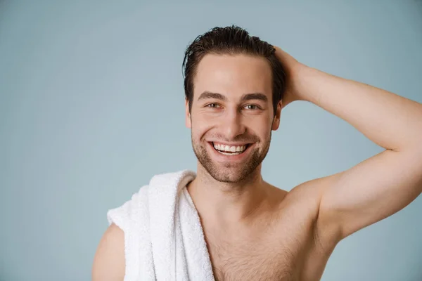 Happy Brunette Bearded Shirtless Man Towel Blue Wall — Stock Photo, Image