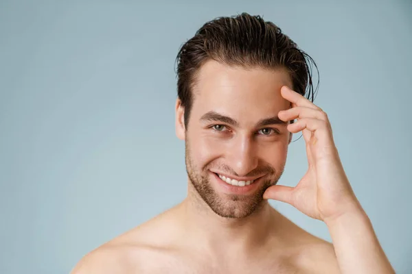 Close Smiling Brunette Shirtless Man Stubble Blue Background Touching Face — Stock Fotó