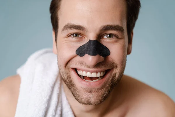 Close Brunette Shirtless Man Stubble Wearing Nose Patch Blackheads Standing — ストック写真