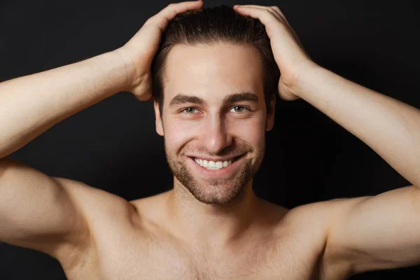 Shirtless White Man Smiling While Holding His Head Isolated Black — Stock Photo, Image